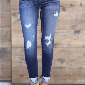 Kancan dark denim button fly distressed sz 15